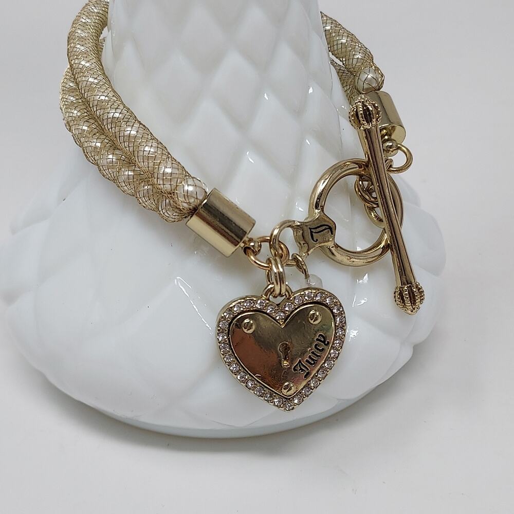 Juicy Couture Bracelet Large Toggle Heart Fob Faux Pearl in Mesh Signed 6.5"